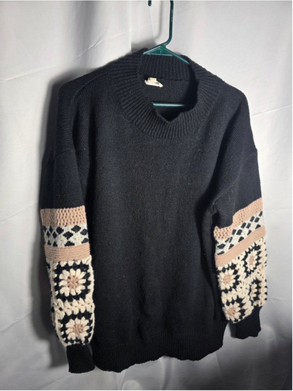Women's BiB! Black Crochet Sleeve Crew Neck Sweater XL grandmacore couquette